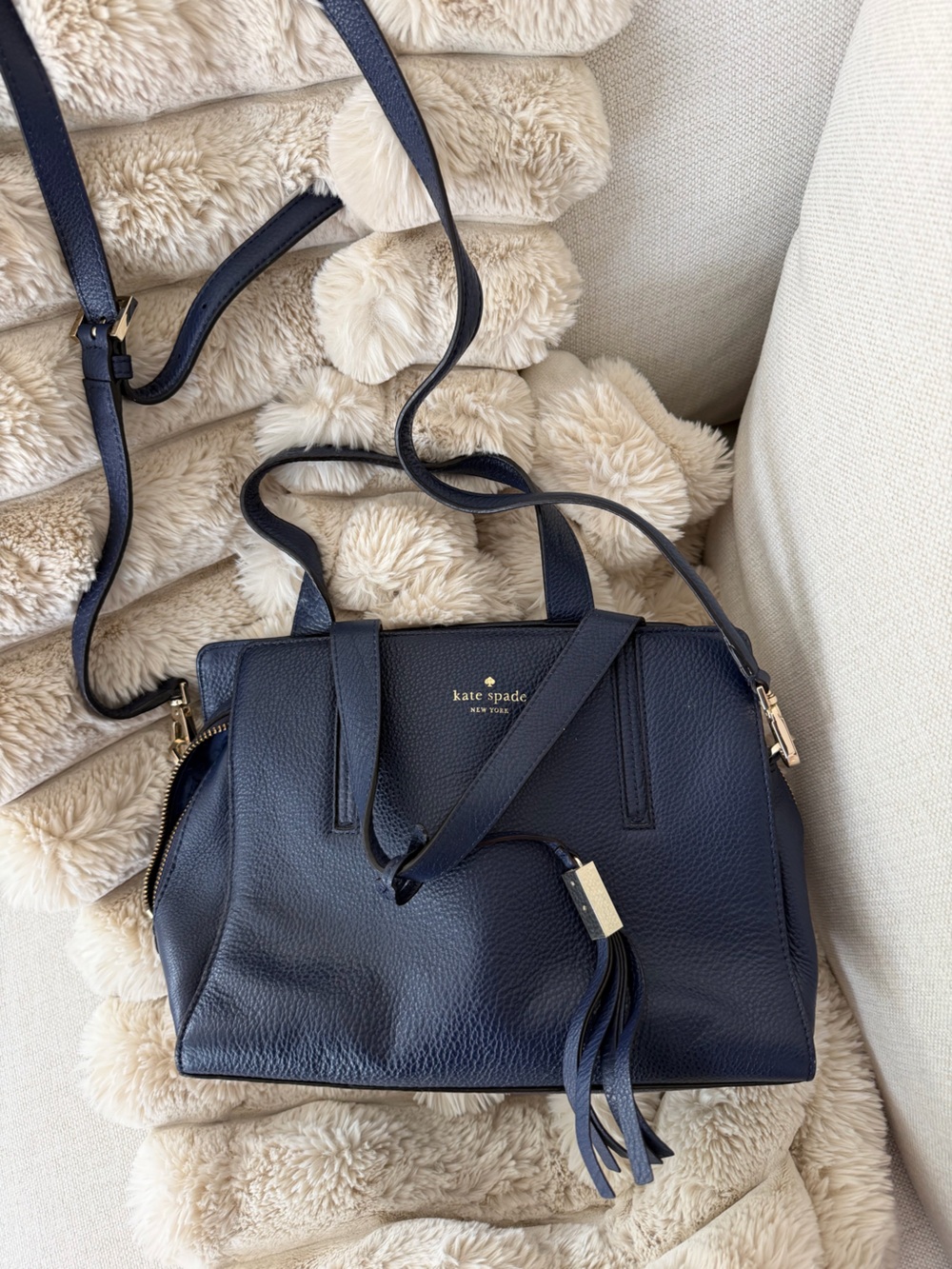 kate spade navy pebbled leather tote with detachable strap